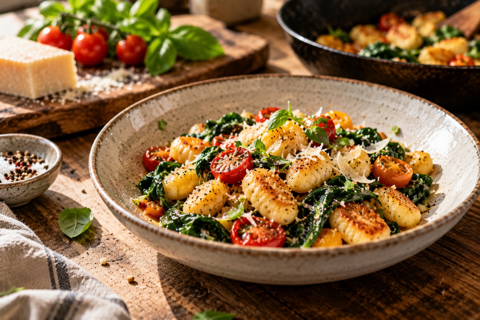 15-Minuten-Gnocchi mit Spinat, Kirschtomaten und Parmesan